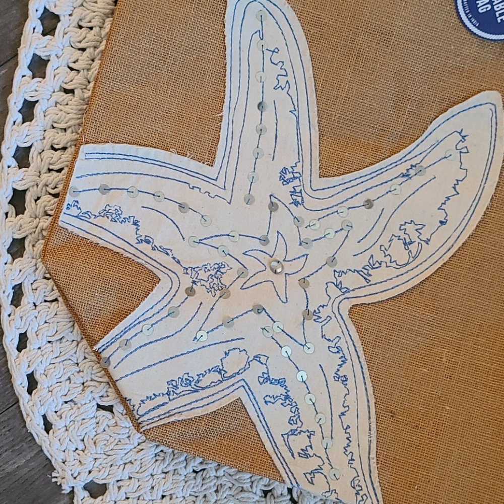 SALE NWOT LG BLUE WHITE  STARFISH BEACH BURLAP BAG - Picture 3 of 16
